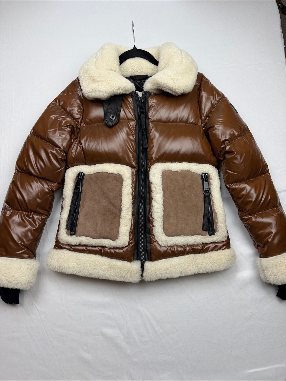 SAM. New York Veronica Shearling-Trimmed Down Biker Puffer Jacket in Cognac